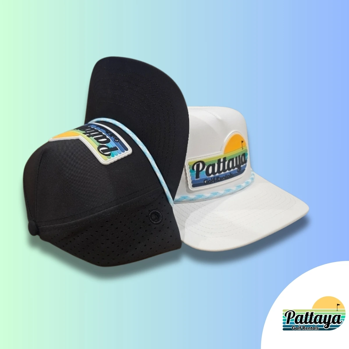 Black/white Pattaya Golf Rentals tour hat with 3 Putts Suck inner slogan