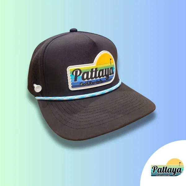 Black/white Pattaya Golf Rentals tour hat with 3 Putts Suck inner slogan