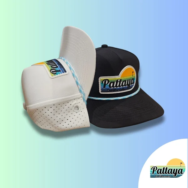 Black/white Pattaya Golf Rentals tour hat with 3 Putts Suck inner slogan