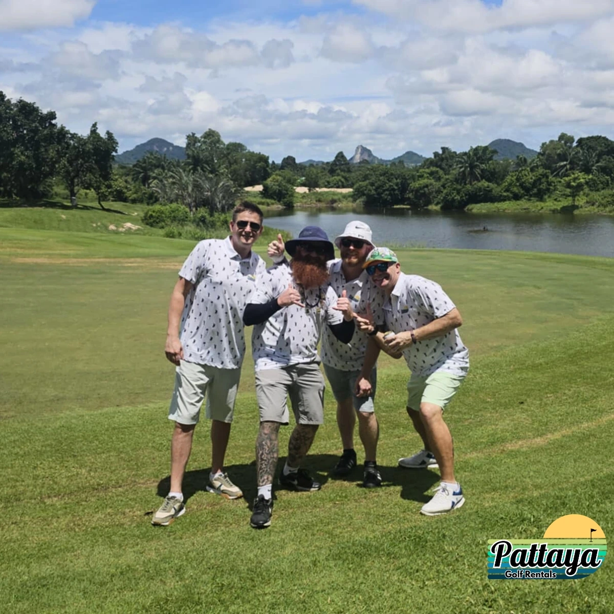 Salty playing a round of golf with customers